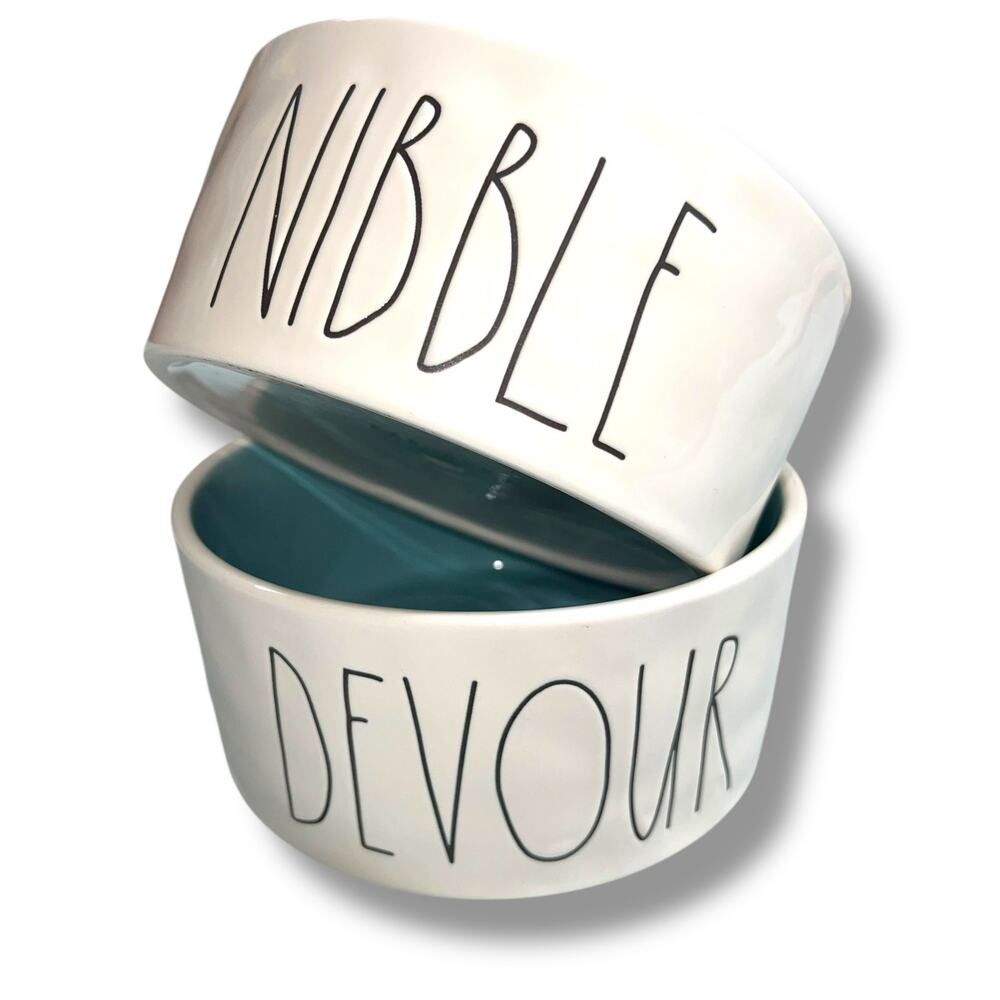 Rae Dunn Pet Dog Cat Dishes Food Bowls Nibble Devour Ceramic White Black Blue